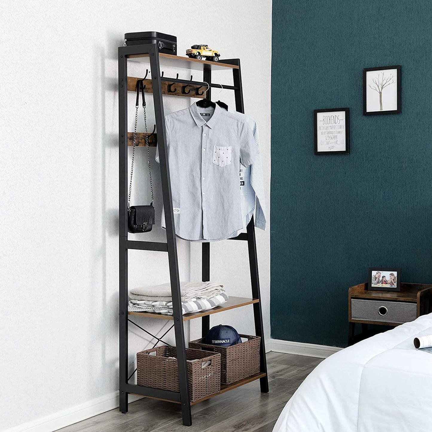 Clothes Rack With 2 Wood Look Shelves Metal Frame [US Stock]