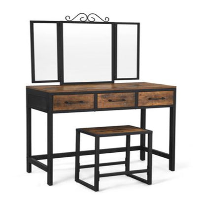 Dresser With 3-Part Folding Mirror And 3 Drawers Vanity Table [US Stock]