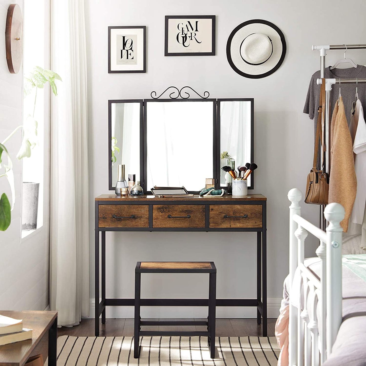 Dresser With 3-Part Folding Mirror And 3 Drawers Vanity Table [US Stock]