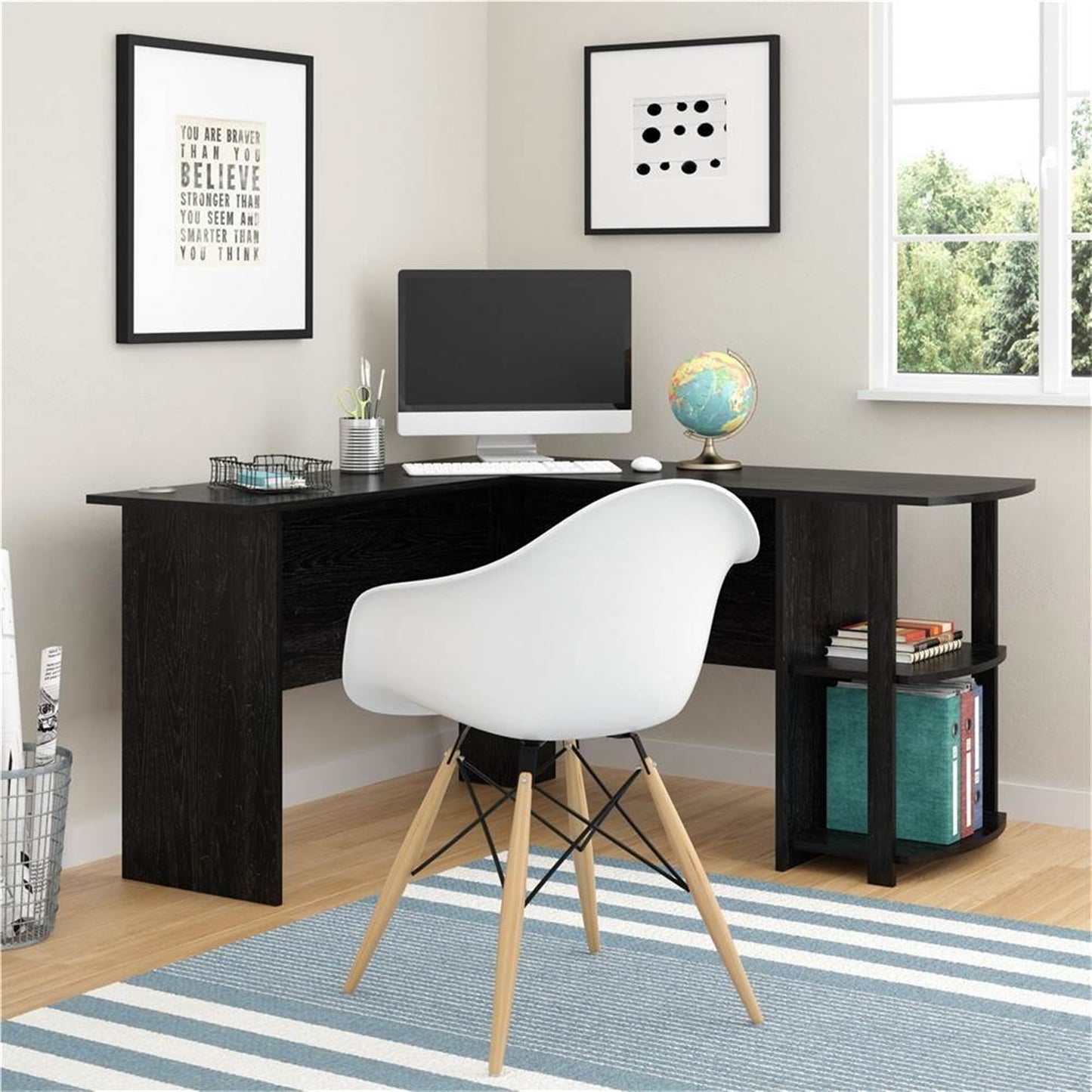 FCH L-Shaped Wood Right-angle Computer Desk with Two-layer Bookshelves Black