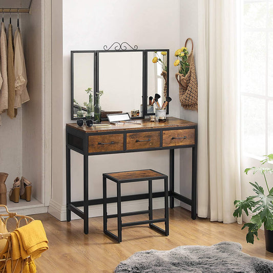 Dresser With 3-Part Folding Mirror And 3 Drawers Vanity Table [US Stock]