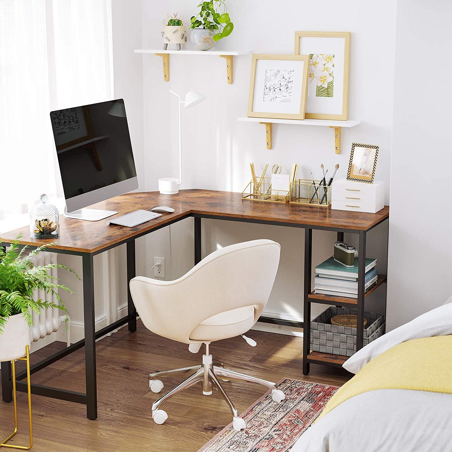 L-Shaped Corner Desk With 2 Shelves Computer Desk [US Stock]